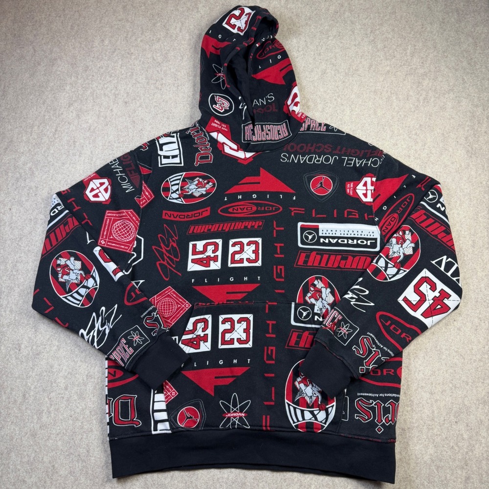 Jordan Flight Mens Large Black Red All Over Print Hoodie Pullover Sweatshirt